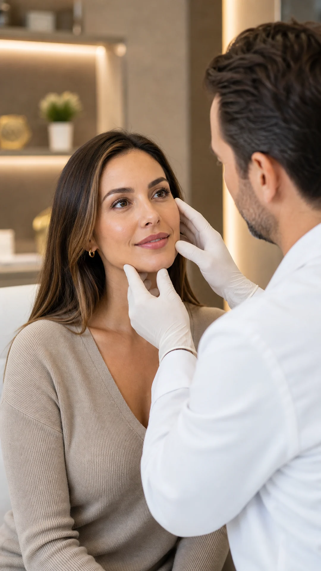 Warm facelift consultation with male doctor evaluating facial balance